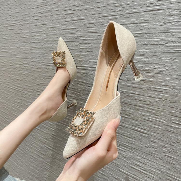 高跟鞋 7888-2方扣水鉆單鞋2023新款法式小鞋細跟婚鞋禮服伴娘新娘鞋-細節圖6