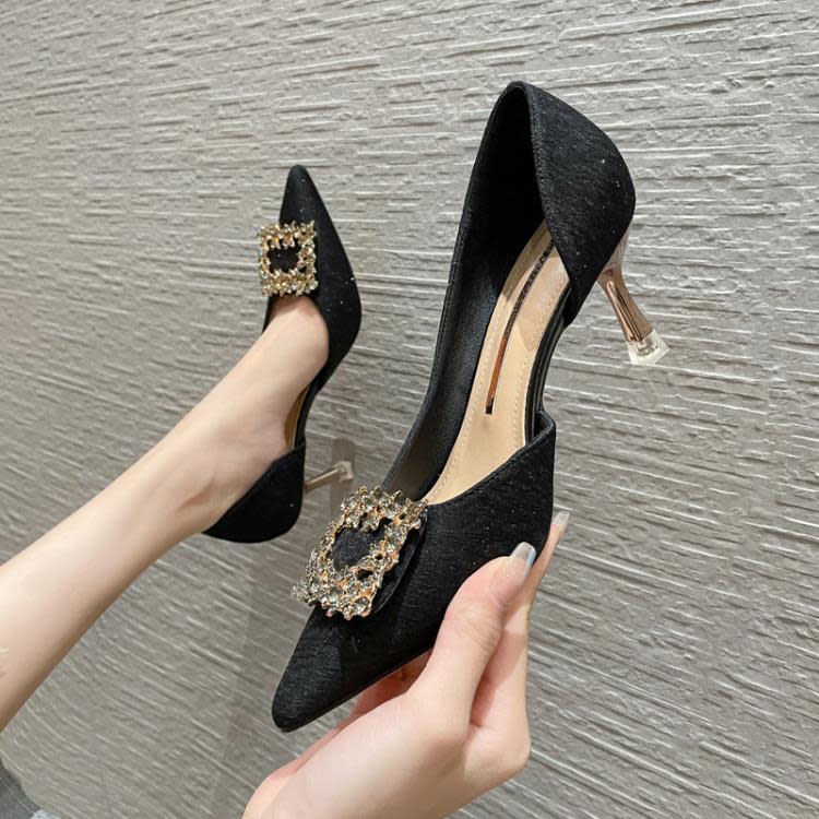 高跟鞋 7888-2方扣水鉆單鞋2023新款法式小鞋細跟婚鞋禮服伴娘新娘鞋-細節圖7