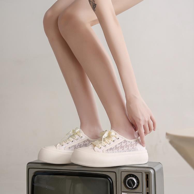 厚底鞋 小白鞋女2023夏季薄款鏤空板鞋蕾絲網面透氣運動鞋網紗單鞋-細節圖2