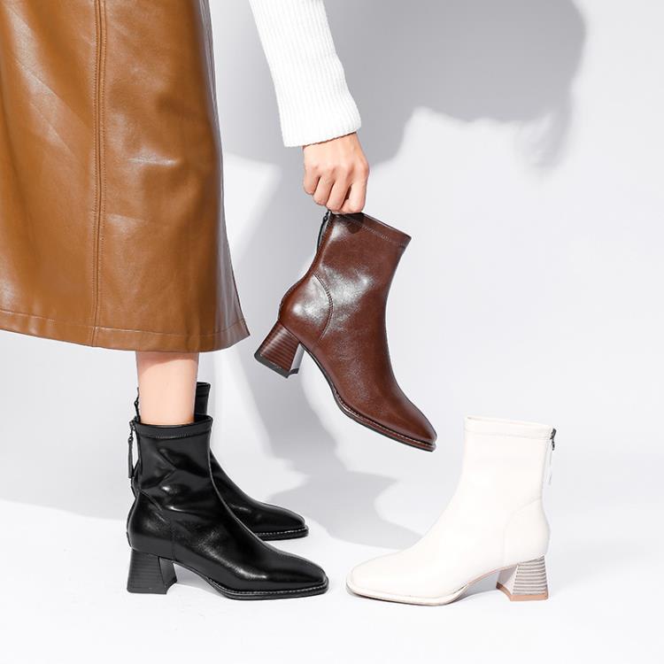 中跟鞋 2023女通勤靴定做正韓高跟方頭短靴女訂製后拉鍊粗跟瘦瘦靴-細節圖2