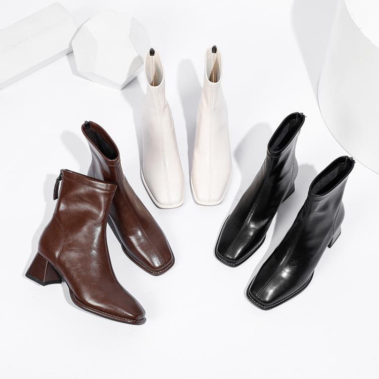 中跟鞋 2023女通勤靴定做正韓高跟方頭短靴女訂製后拉鍊粗跟瘦瘦靴-細節圖3