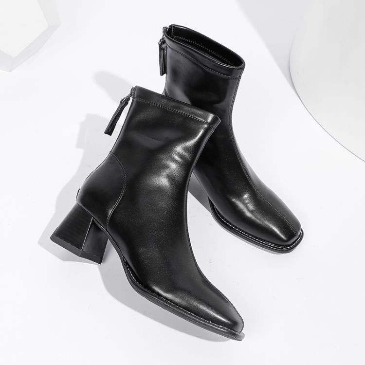 中跟鞋 2023女通勤靴定做正韓高跟方頭短靴女訂製后拉鍊粗跟瘦瘦靴-細節圖4