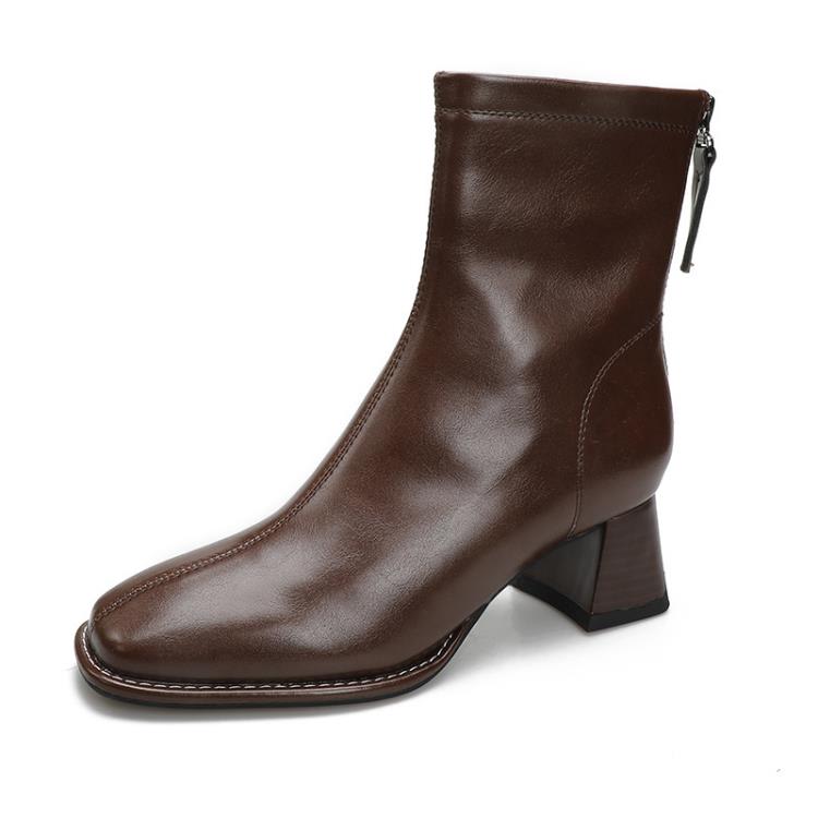 中跟鞋 2023女通勤靴定做正韓高跟方頭短靴女訂製后拉鍊粗跟瘦瘦靴-細節圖5