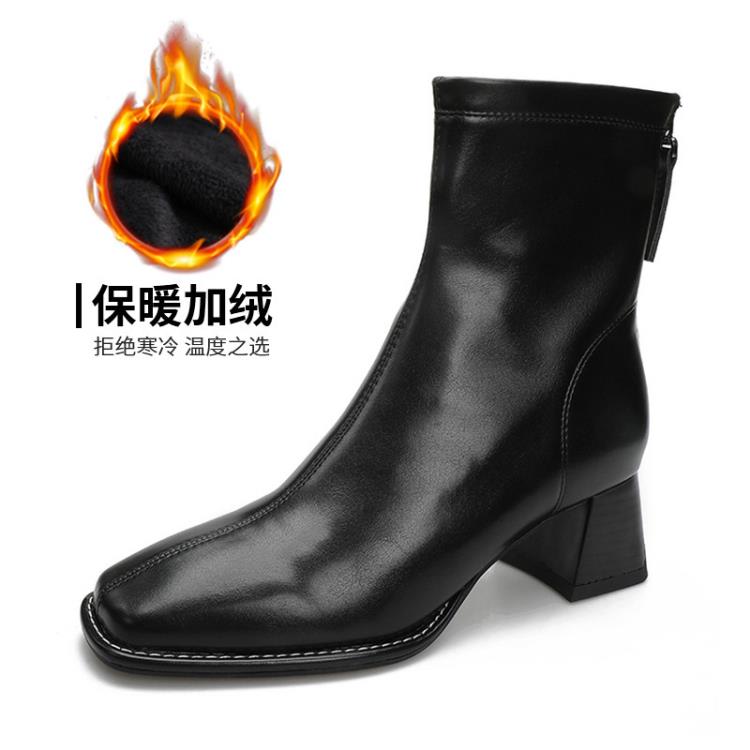 中跟鞋 2023女通勤靴定做正韓高跟方頭短靴女訂製后拉鍊粗跟瘦瘦靴-細節圖6