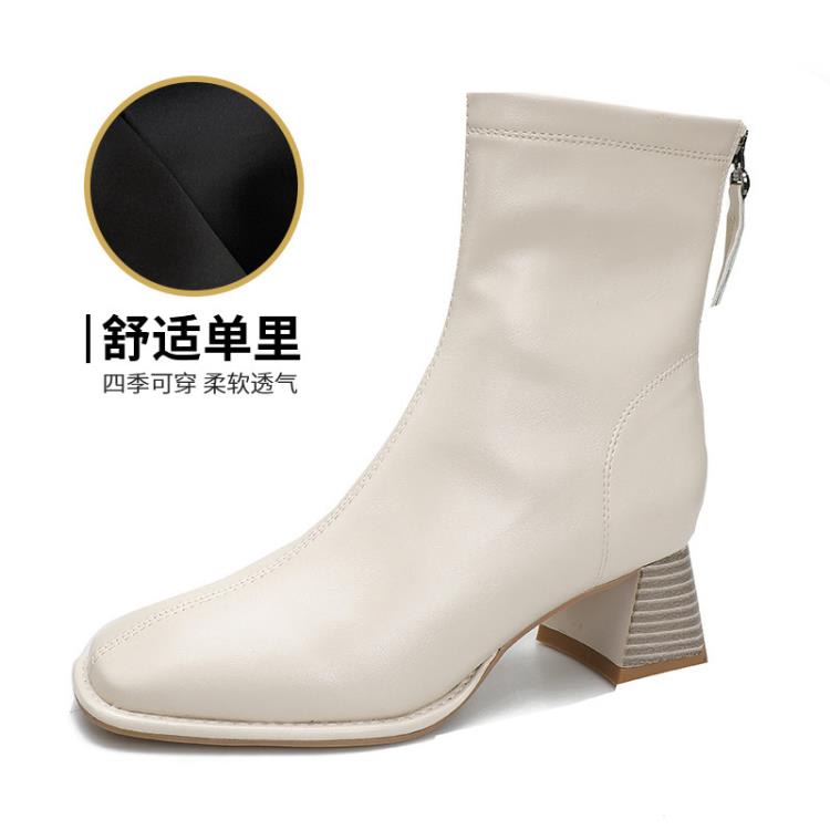 中跟鞋 2023女通勤靴定做正韓高跟方頭短靴女訂製后拉鍊粗跟瘦瘦靴-細節圖7