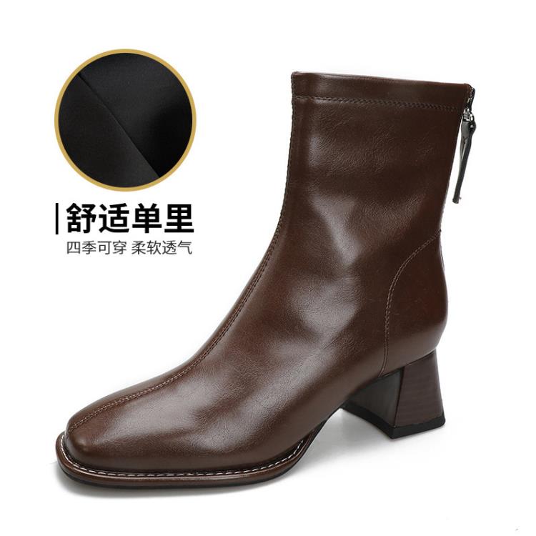 中跟鞋 2023女通勤靴定做正韓高跟方頭短靴女訂製后拉鍊粗跟瘦瘦靴-細節圖8