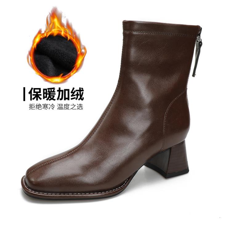 中跟鞋 2023女通勤靴定做正韓高跟方頭短靴女訂製后拉鍊粗跟瘦瘦靴-細節圖9