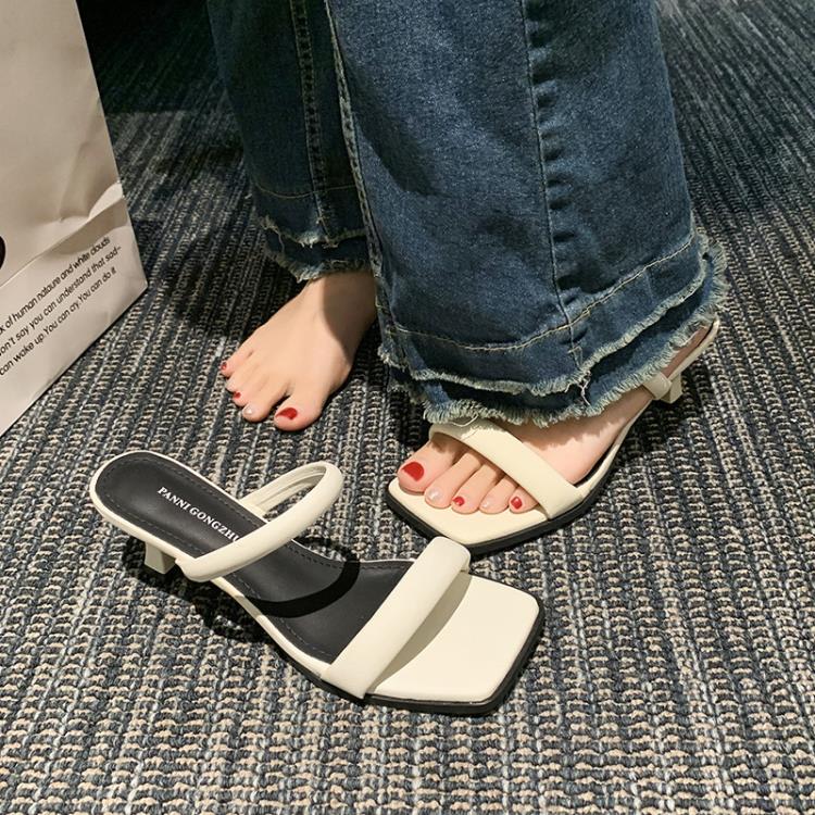 中跟鞋 顯白方頭拖鞋2023夏季新款網紅性感一字帶細跟外穿簡約涼拖鞋-細節圖3