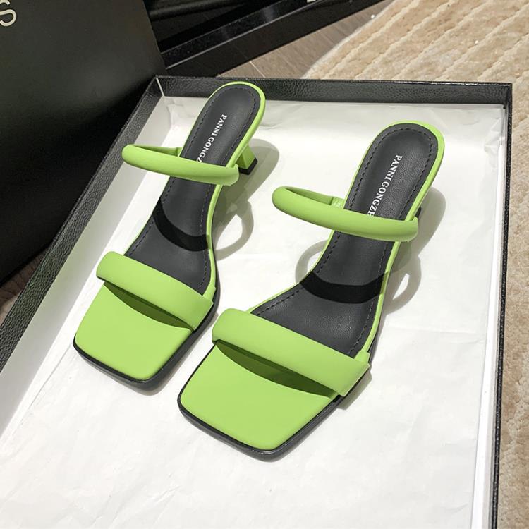 中跟鞋 顯白方頭拖鞋2023夏季新款網紅性感一字帶細跟外穿簡約涼拖鞋-細節圖6