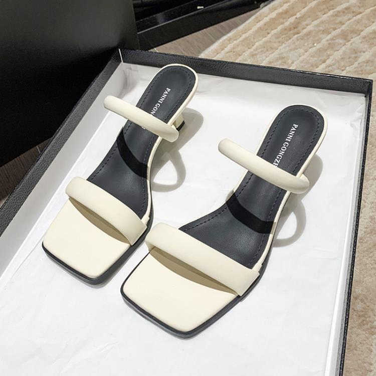 中跟鞋 顯白方頭拖鞋2023夏季新款網紅性感一字帶細跟外穿簡約涼拖鞋-細節圖7