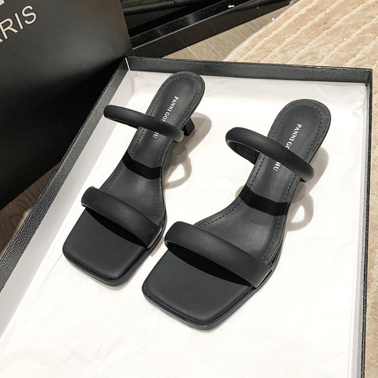 中跟鞋 顯白方頭拖鞋2023夏季新款網紅性感一字帶細跟外穿簡約涼拖鞋-細節圖8