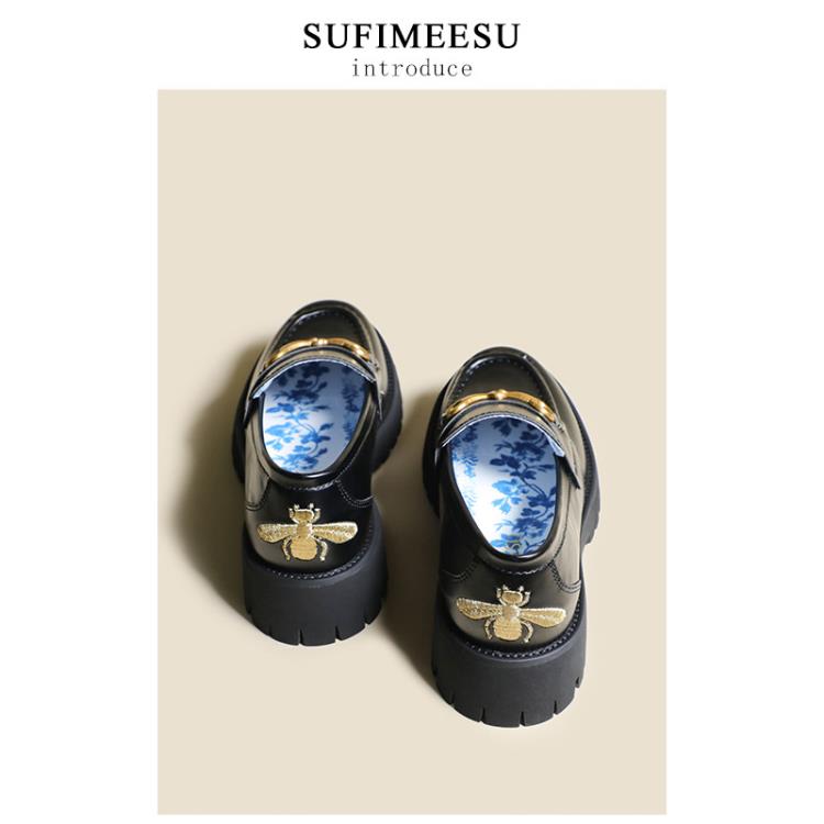 樂福鞋 女小蜜蜂厚底2023秋款歐美馬銜扣真皮單鞋松糕底小皮鞋女鞋-細節圖2