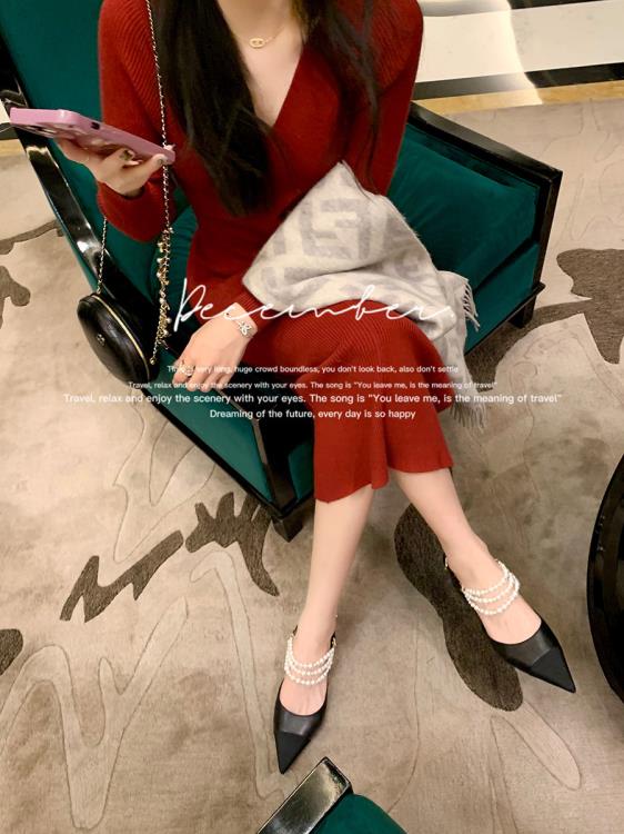 葡萄媽studiolee 珍珠鍊條拼色小粗跟一字扣帶尖頭優雅黑白單鞋女-細節圖3