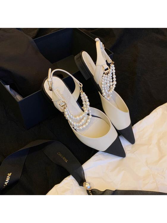 葡萄媽studiolee 珍珠鍊條拼色小粗跟一字扣帶尖頭優雅黑白單鞋女-細節圖4