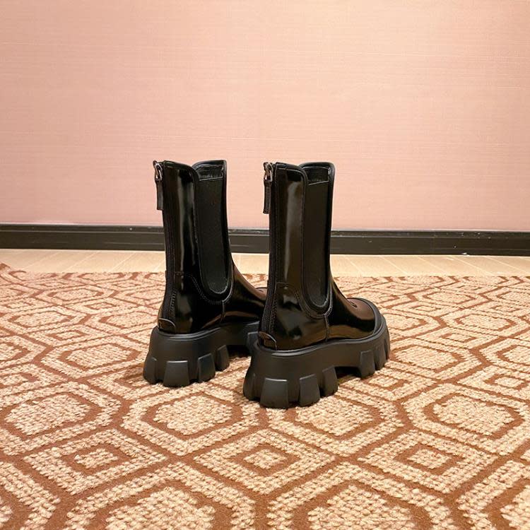 短靴 2023迪麗熱巴同款馬丁靴女秋厚底粗跟中筒英倫風顯瘦黑色靴子-細節圖2