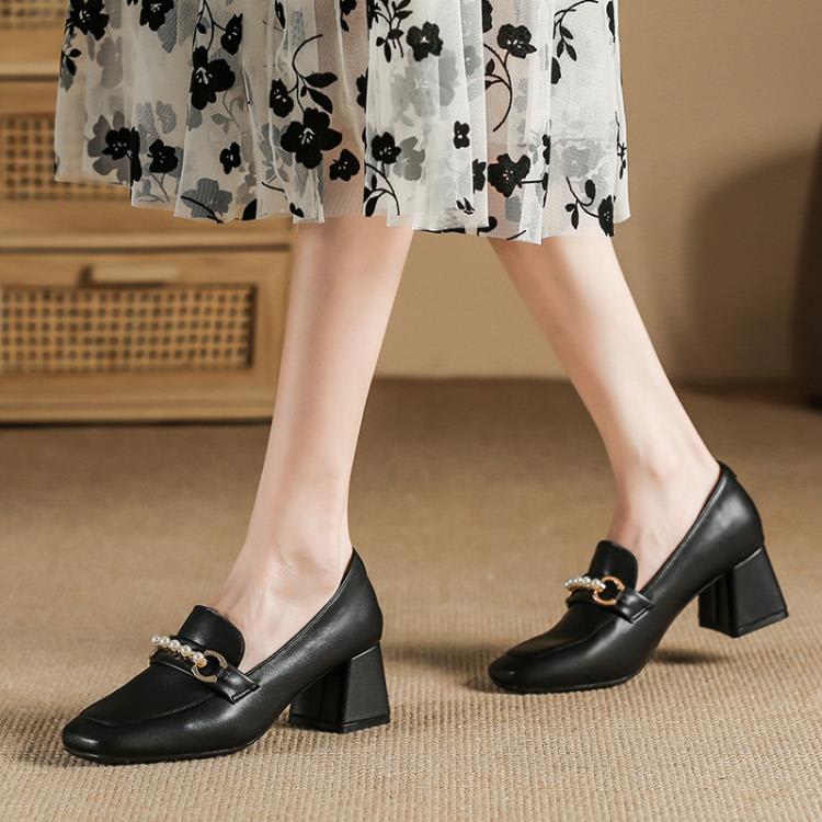 百搭真皮女鞋2023春季新款鞋子女生工作穿粗跟配裙方頭瑪麗珍鞋女-細節圖3