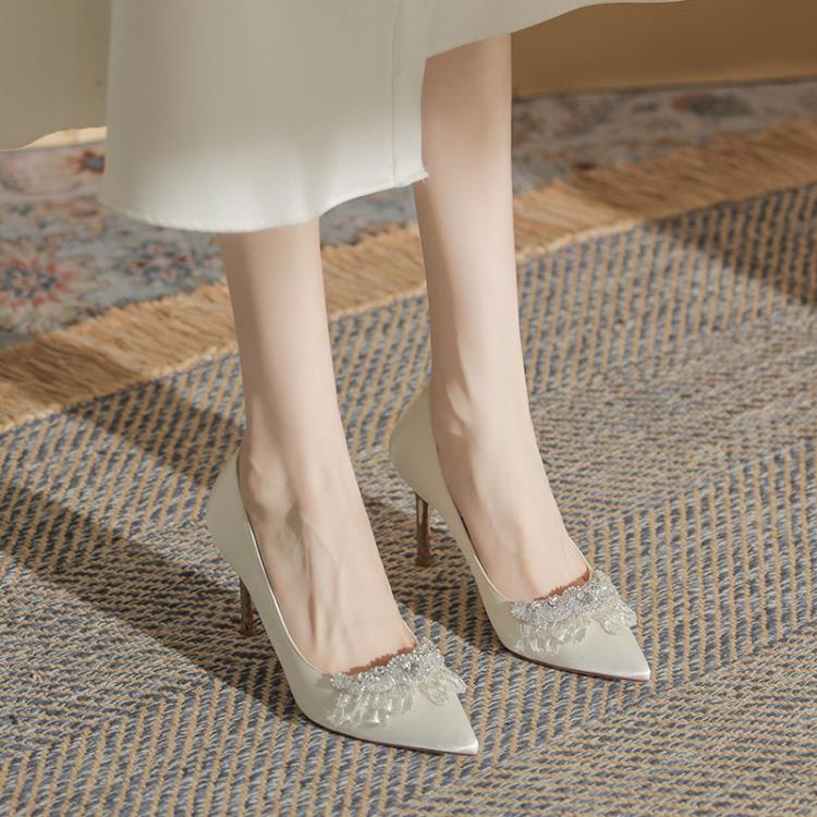 高跟鞋 6681-46白色綢緞秀禾婚鞋法式高級感鞋宴會細跟水晶鉆女單鞋-細節圖2
