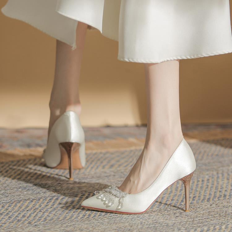 高跟鞋 6681-46白色綢緞秀禾婚鞋法式高級感鞋宴會細跟水晶鉆女單鞋-細節圖4
