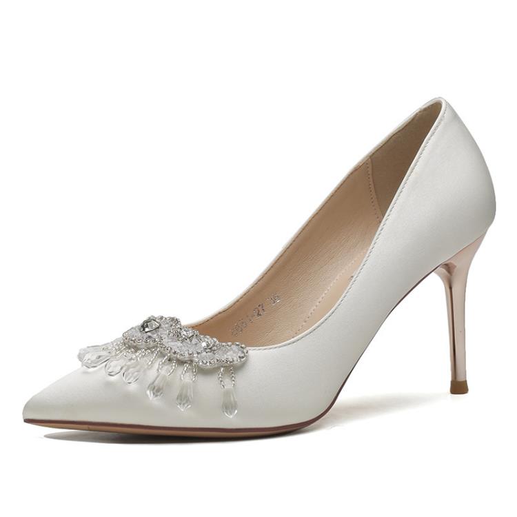 高跟鞋 6681-46白色綢緞秀禾婚鞋法式高級感鞋宴會細跟水晶鉆女單鞋-細節圖5