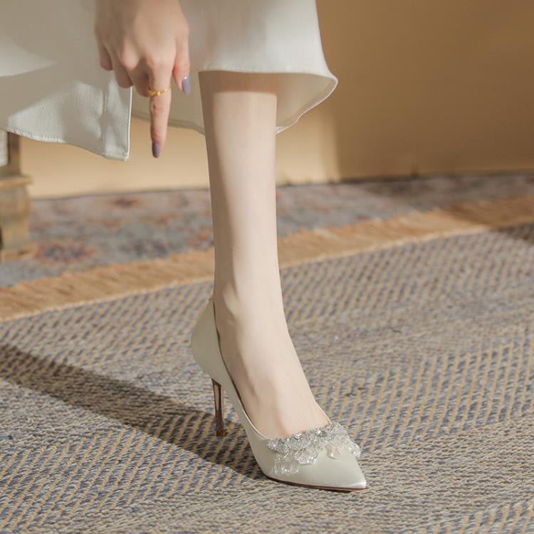 高跟鞋 6681-46白色綢緞秀禾婚鞋法式高級感鞋宴會細跟水晶鉆女單鞋-細節圖6
