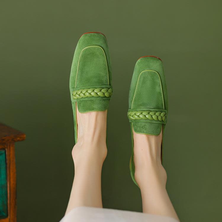 樂福鞋 羊皮2023年春秋季方頭粗跟中口單鞋女鞋低跟黑色綠色棕色-細節圖2