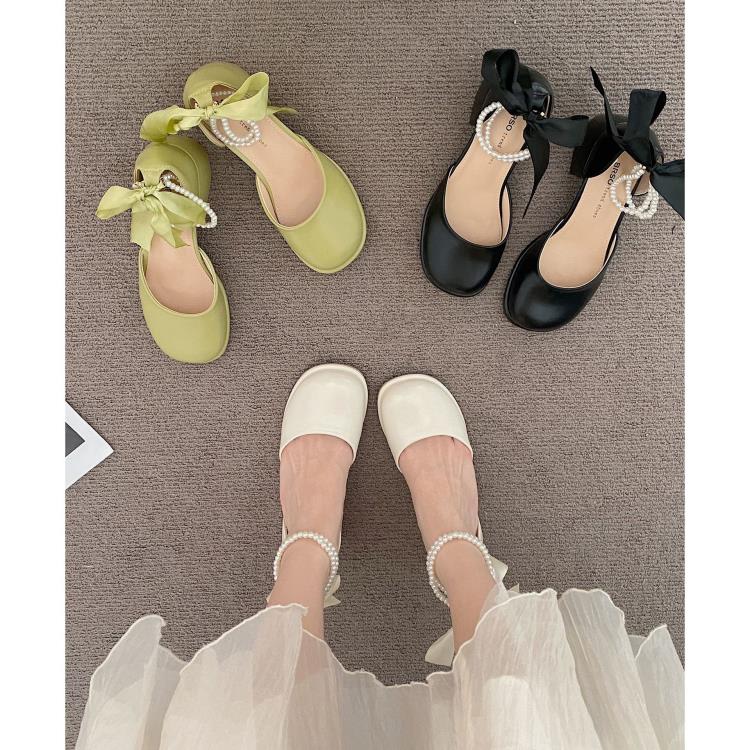 仙女風珍珠包頭涼鞋女夏季2023新款白色法式氣質粗跟瑪麗珍高跟鞋-細節圖4