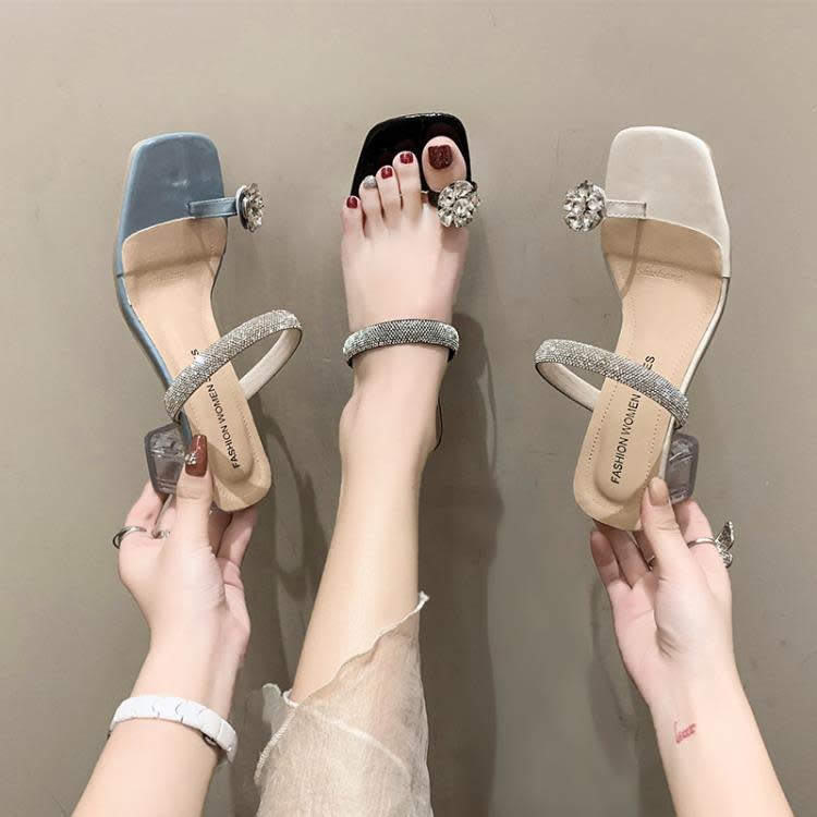 中跟鞋 法式粗跟水鉆花朵套趾涼拖鞋女鞋子2023夏季外穿仙女風涼鞋-細節圖2