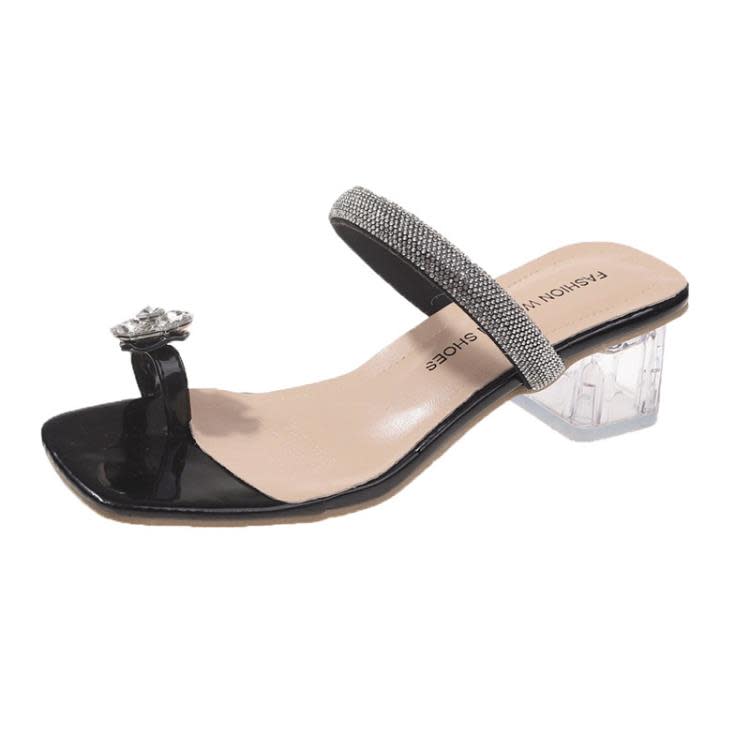 中跟鞋 法式粗跟水鉆花朵套趾涼拖鞋女鞋子2023夏季外穿仙女風涼鞋-細節圖5