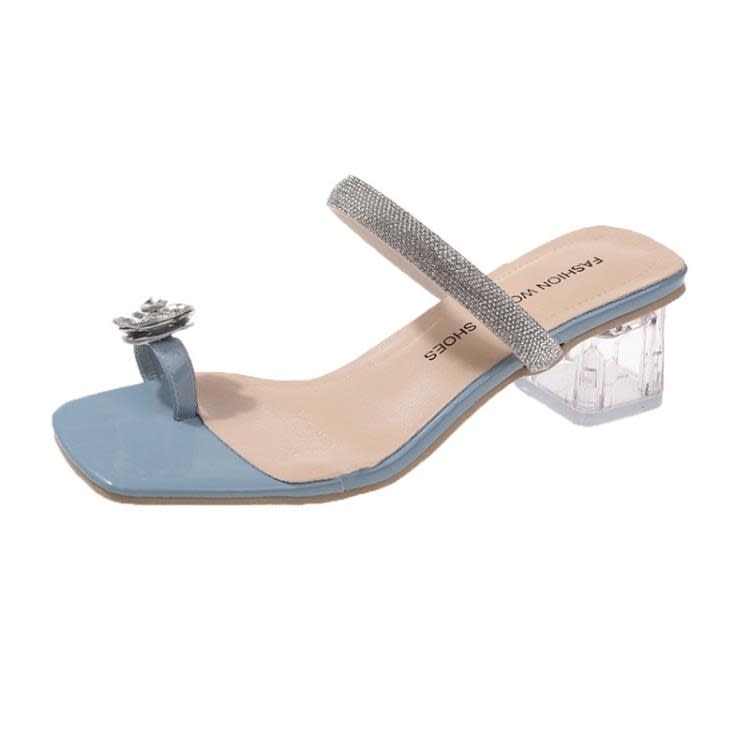 中跟鞋 法式粗跟水鉆花朵套趾涼拖鞋女鞋子2023夏季外穿仙女風涼鞋-細節圖6