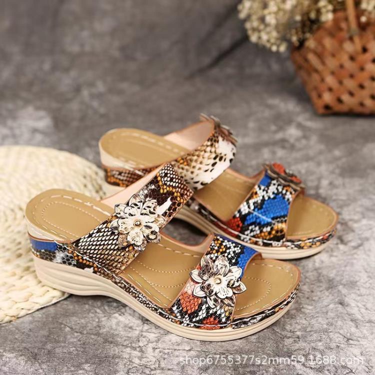 高跟鞋 歐美休閒圓頭豹紋蛇紋女式坡跟拖鞋2023夏季新款大碼涼鞋-細節圖4