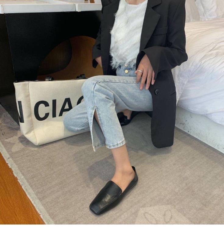 鞋子女2023年新款軟皮平底小皮鞋方頭簡約淺口懶人豆豆鞋孕婦瓢鞋-細節圖3