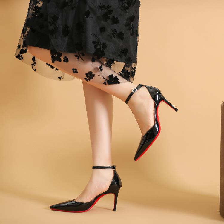 高跟鞋 一字帶黑色鞋女2023年新款細跟淺口尖頭漆皮氣質性感中空單鞋-細節圖2