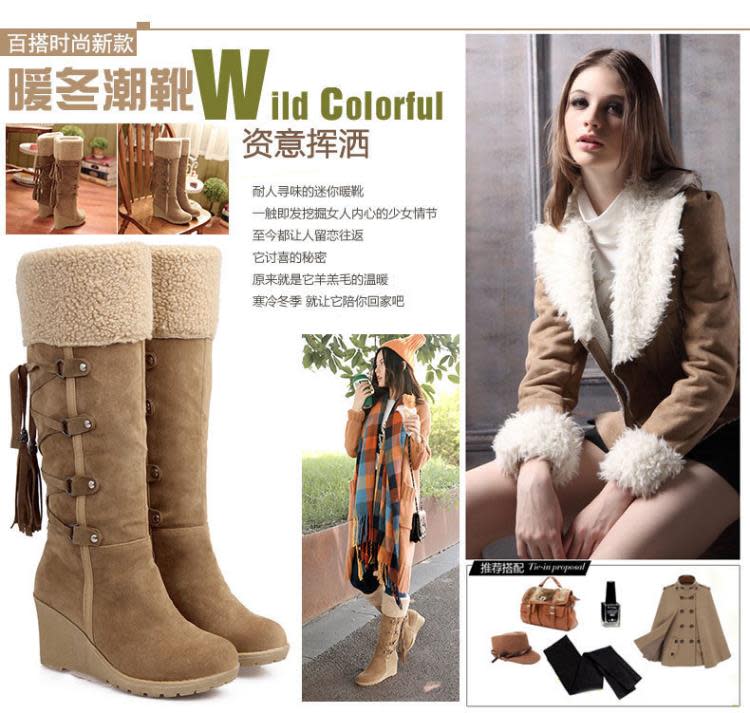 雪靴 歐美大碼女靴磨砂后系帶流蘇高筒靴子套筒坡跟靴-細節圖5
