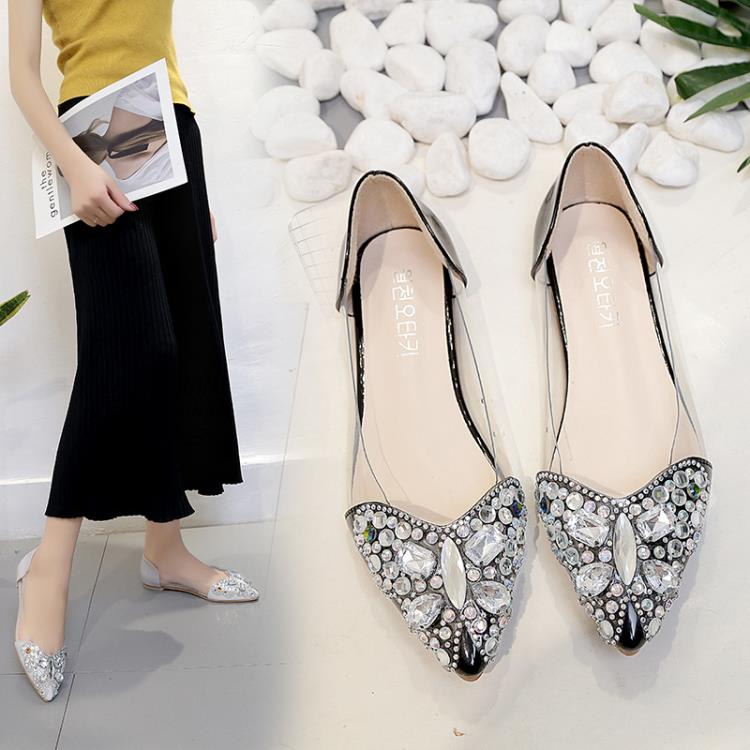 涼鞋 2023新款正韓透明水鉆尖頭淺口平跟單鞋甜美女時裝鞋批髮-細節圖2