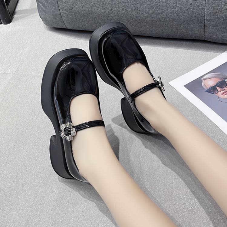 2023新款亮皮粗跟瑪麗珍二穿單鞋圓頭一字帶女鞋學院風復古小皮鞋-細節圖4