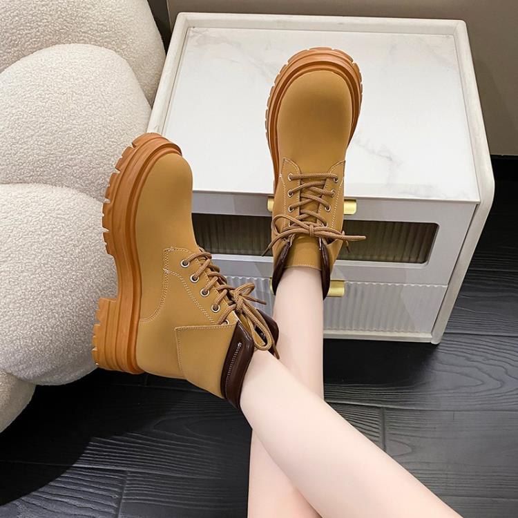 短靴 英倫風厚底馬丁靴女2023年秋冬新款休閒復古大黃靴厚底系帶女-細節圖2