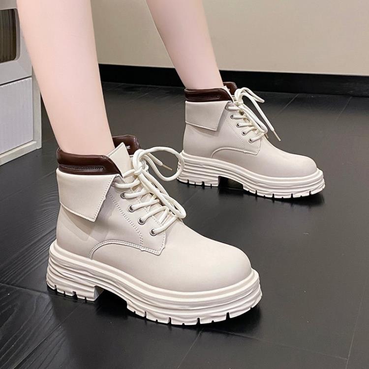 短靴 英倫風厚底馬丁靴女2023年秋冬新款休閒復古大黃靴厚底系帶女-細節圖4