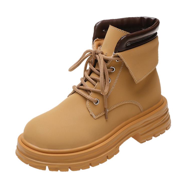 短靴 英倫風厚底馬丁靴女2023年秋冬新款休閒復古大黃靴厚底系帶女-細節圖5