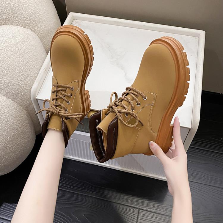 短靴 英倫風厚底馬丁靴女2023年秋冬新款休閒復古大黃靴厚底系帶女-細節圖7