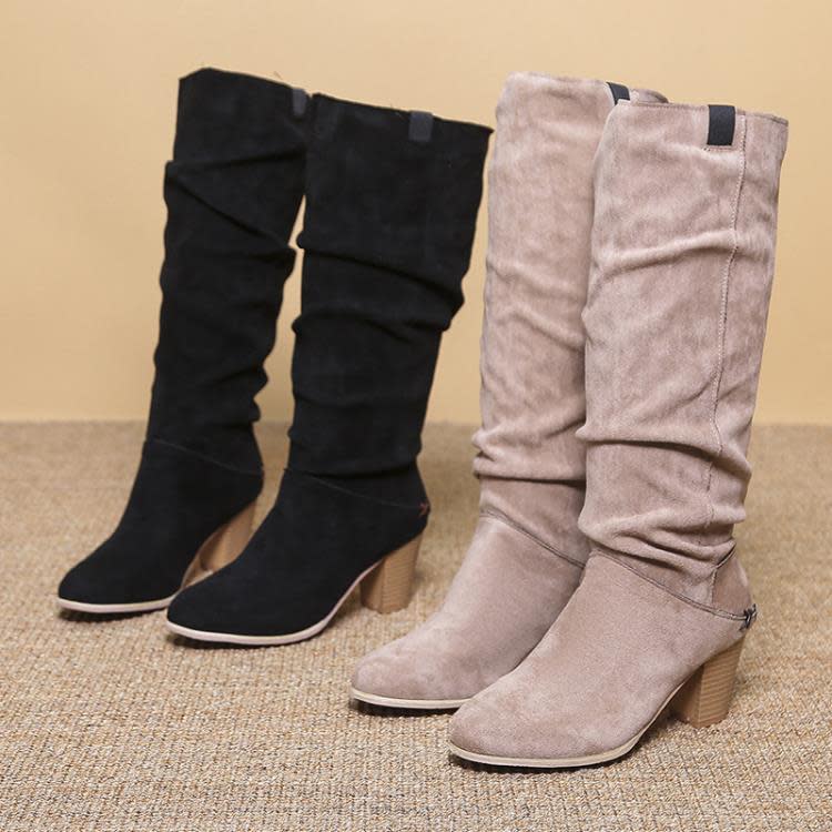 高跟鞋 大碼432023秋季新款歐美長筒靴子粗跟絨面中筒靴子-細節圖4