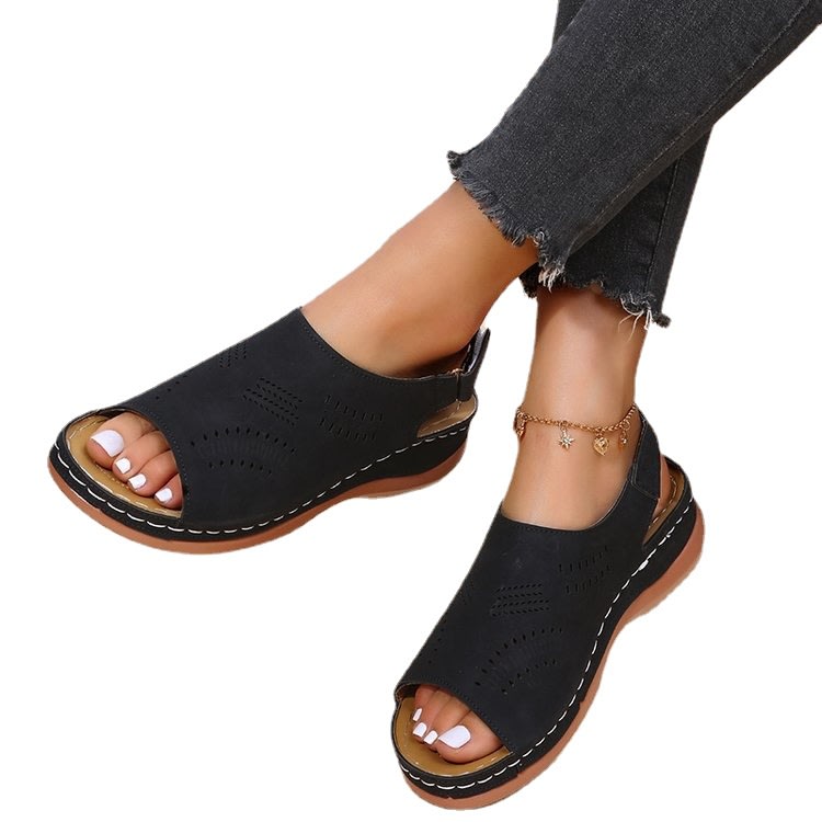 涼鞋 2023夏季大碼鏤空平跟魚嘴純色復古歐美低幫洞洞鞋-細節圖5