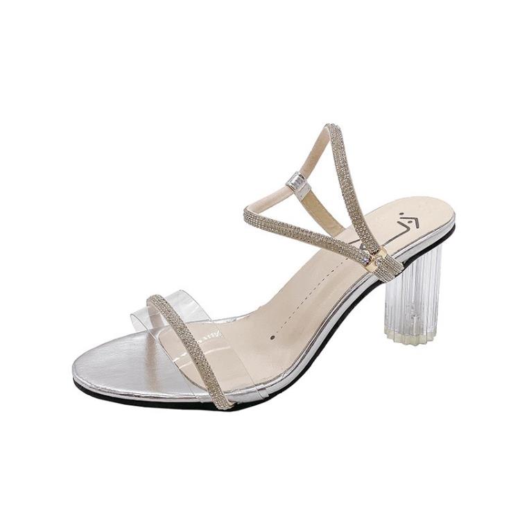 高跟鞋 涼鞋女夏2023新款韓系小眾法式透明粗跟仙女風一字帶水鉆鞋潮-細節圖5