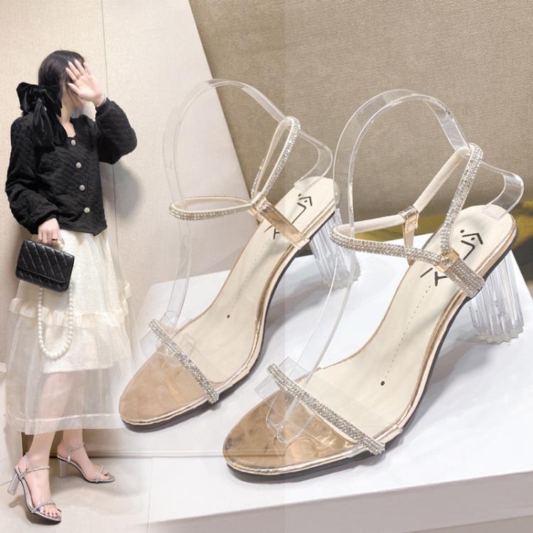 高跟鞋 涼鞋女夏2023新款韓系小眾法式透明粗跟仙女風一字帶水鉆鞋潮-細節圖6