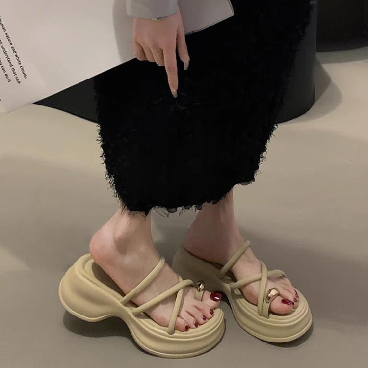 厚底鞋 套趾拖鞋女外出2023年夏季新款時尚洋氣舒適簡約粗跟涼拖鞋女-細節圖4