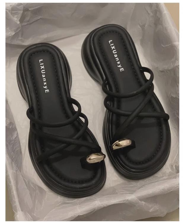 厚底鞋 套趾拖鞋女外出2023年夏季新款時尚洋氣舒適簡約粗跟涼拖鞋女-細節圖6