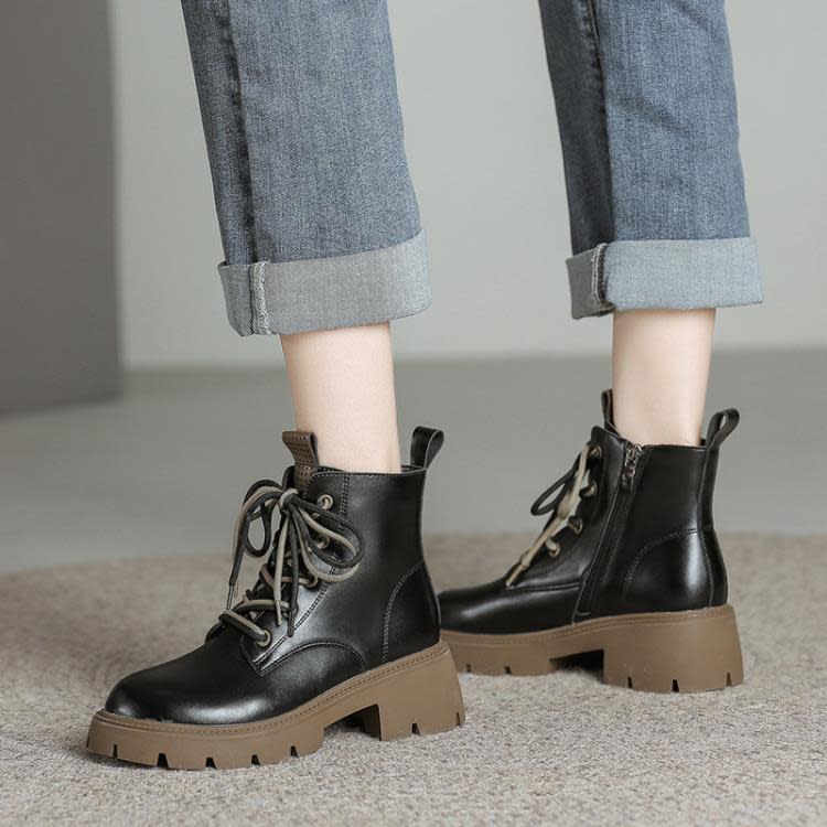 短靴 現貨真皮靴子女生秋冬季保暖加厚兔絨女2023新款厚底馬丁靴女-細節圖3