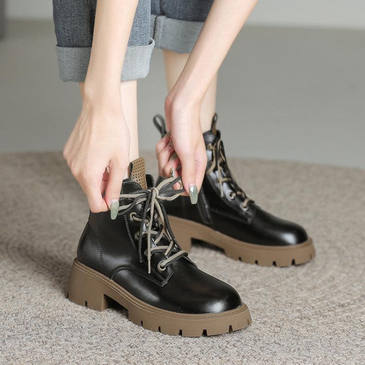 短靴 現貨真皮靴子女生秋冬季保暖加厚兔絨女2023新款厚底馬丁靴女-細節圖6