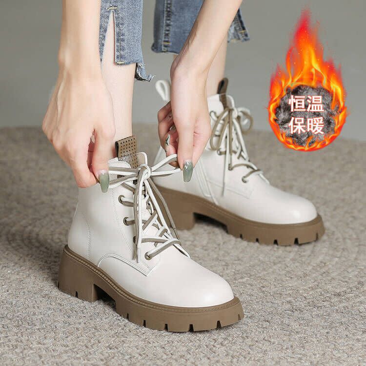 短靴 現貨真皮靴子女生秋冬季保暖加厚兔絨女2023新款厚底馬丁靴女-細節圖7