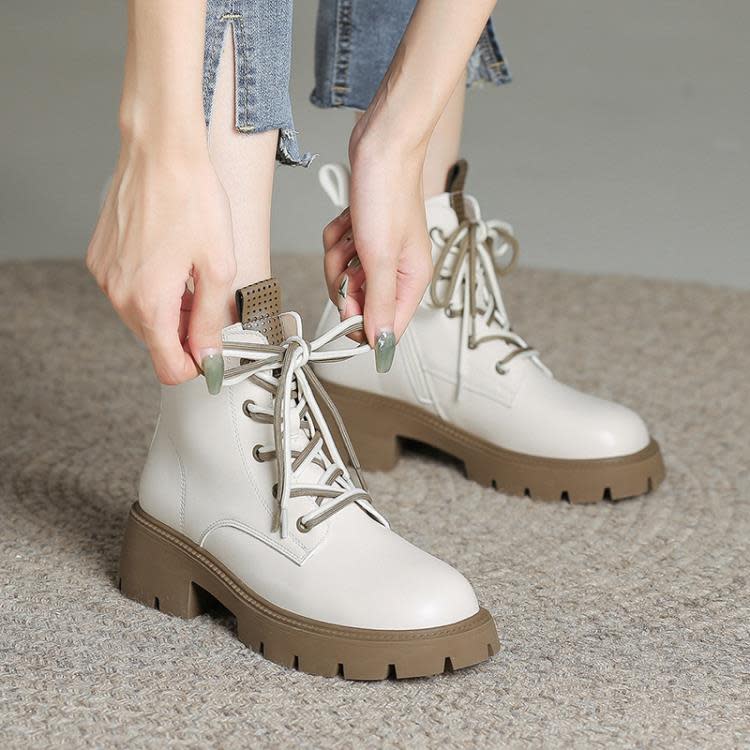 短靴 現貨真皮靴子女生秋冬季保暖加厚兔絨女2023新款厚底馬丁靴女-細節圖8