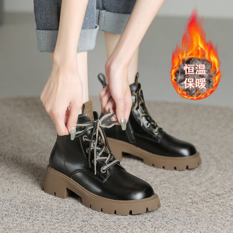 短靴 現貨真皮靴子女生秋冬季保暖加厚兔絨女2023新款厚底馬丁靴女-細節圖9